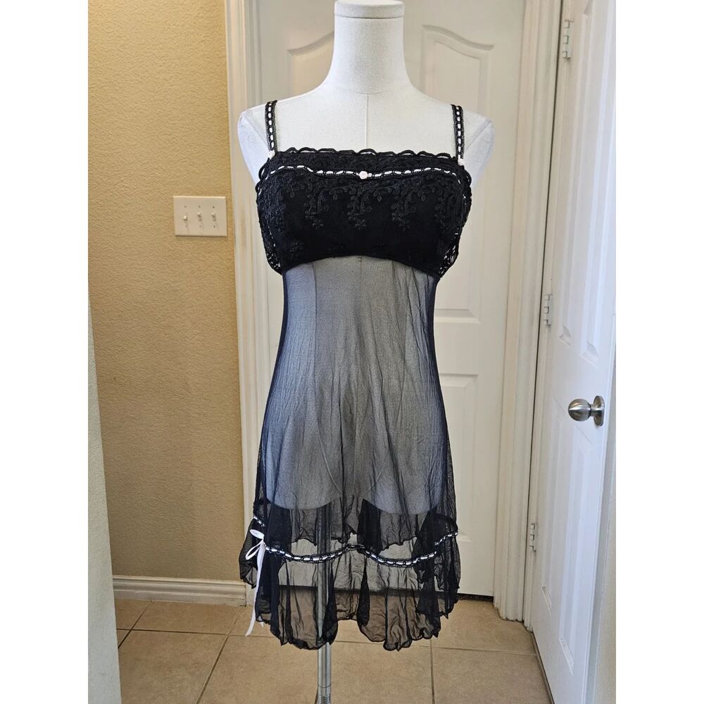 y2k whimsigoth coquette vintage felina black sheer lace babydoll chemise